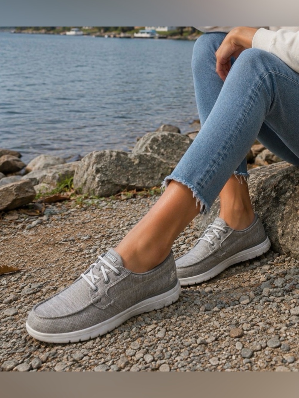 Skechers On-The-Go Gray Boat Shoes Womens Comfort Walking Bungee Lace Casual 9